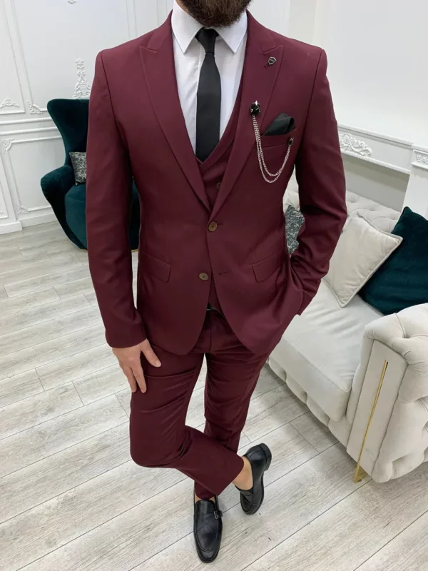 3 Piece Slim Fit Burgundy Suit For Men
