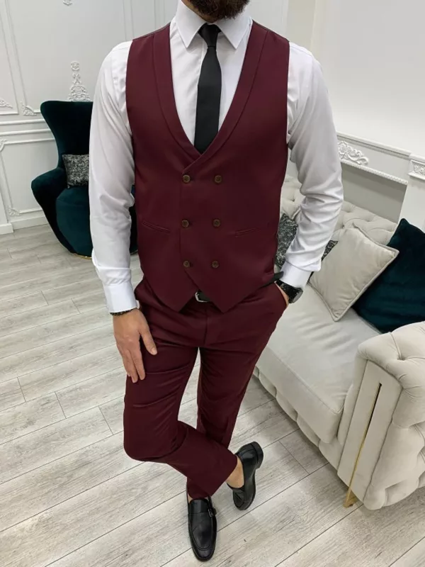 3 Piece Slim Fit Burgundy Wedding Suit For Men
