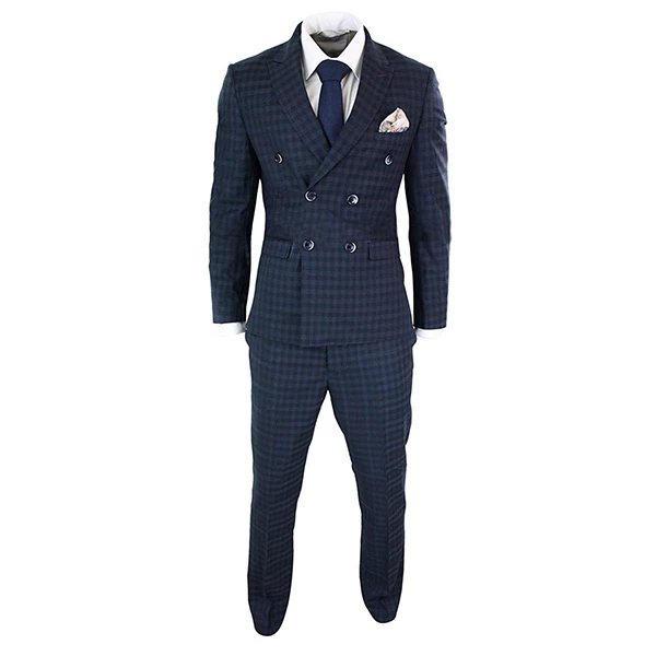 Slim Fit Blue Lapel Double Breasted Blue Checkered Suit