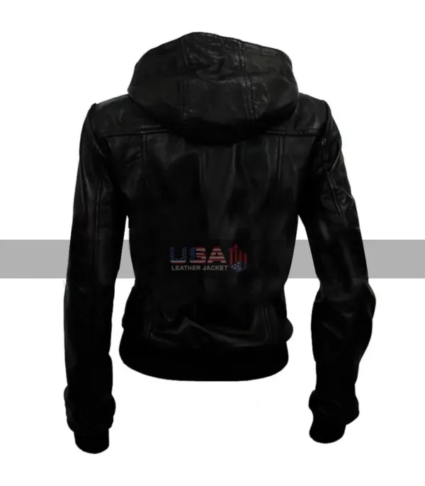 Women Hooded Black Leather Bomber Jacket