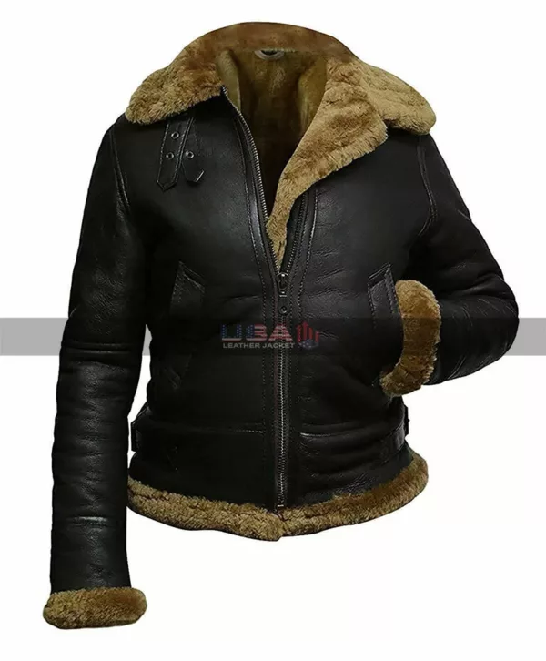 Womens B3 Faux Fur Shearling Black Bomber Jacket