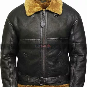 Men's Sheepskin B3 Ginger Fur Shearling Black Leather Jacket 