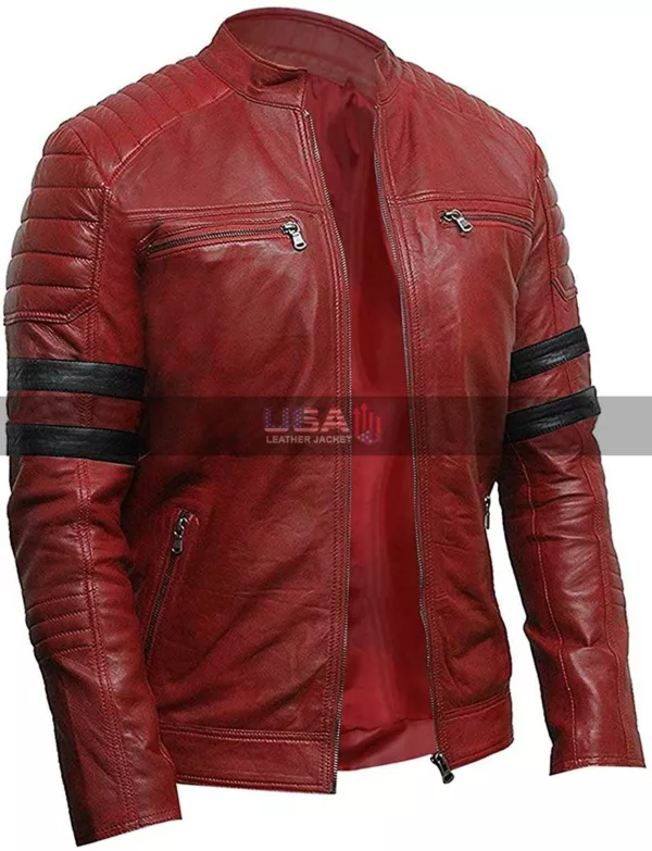 Cafe Racer Retro Biker Red & Black Stripe Motorcycle Leather Jacket