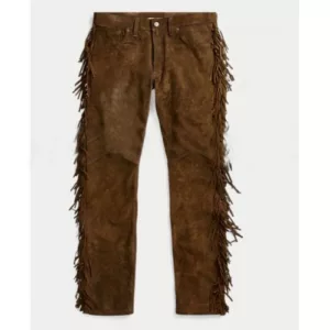 Native American Men Cowboy Fringes Brown Cowhide Suede Leather Pants