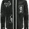 Men's Brando Studded Multi Patches Punk Black Leather Jacket