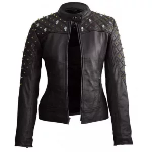 Women Skull & Golden Spike Studded Black Leather Jacket