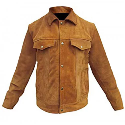 Men Trucker Style Western Cowboy Brown Suede Leather Jacket
