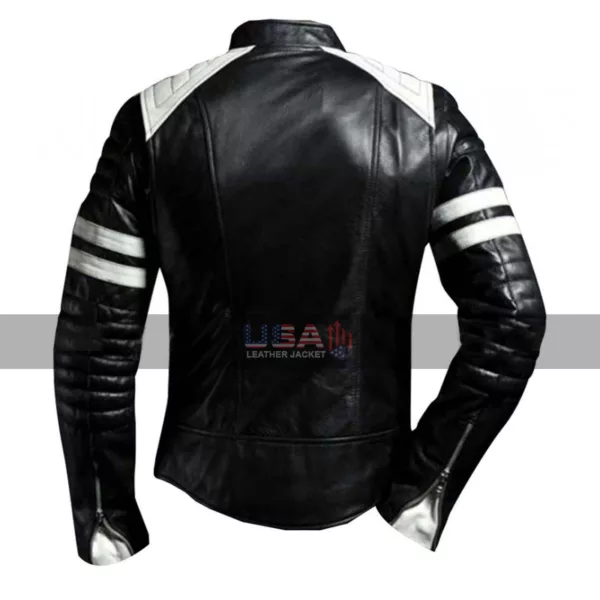 Cafe Racer Fight Club Brad Pitt White Stripes Black Leather Jacket