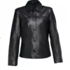 Women Button Closure Black Leather Jacket