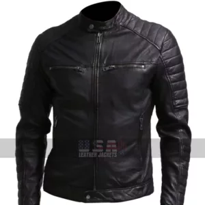 Mens Regular Fit Quilted Shoulders Biker Leather Jacket