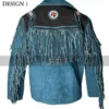 Western Cowboy Blue Fringed Suede Leather Jacket For Men's 