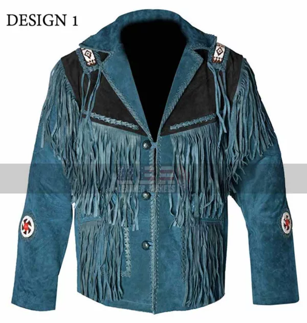 Western Cowboy Blue Fringed Suede Leather Jacket For Men's