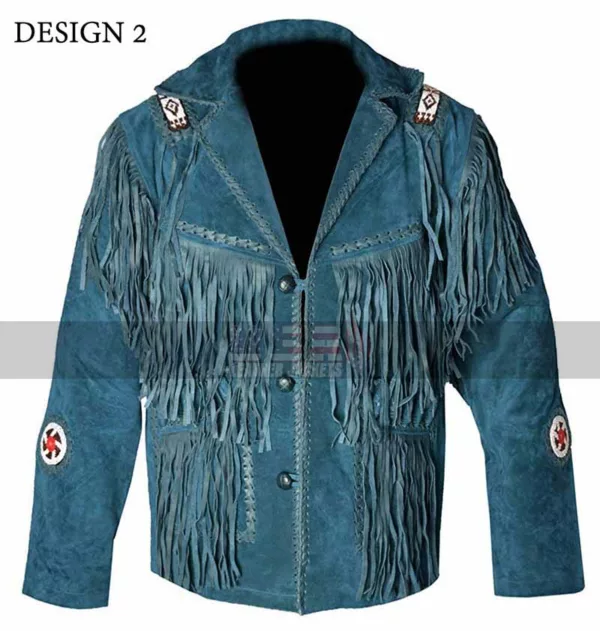 Western Cowboy Blue Fringed Suede Leather Jacket For Men's 