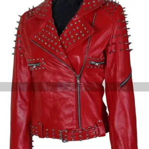 Women Tree Cone Black Spike Red Studded Biker Leather Jacket 