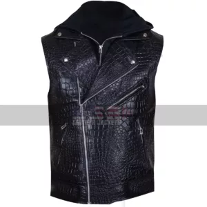 WWE Wrestler AJ Styles Crocodile Black Biker Hooded Leather Vest