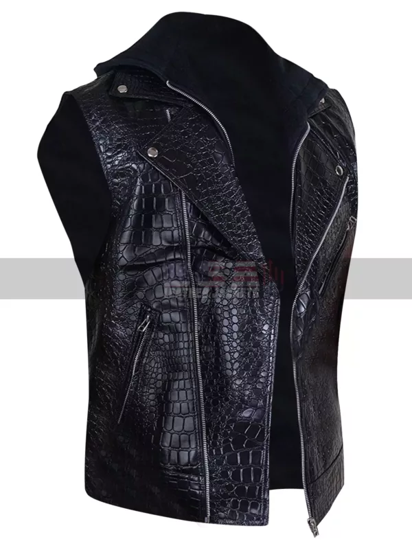 WWE Wrestler AJ Styles Crocodile Black Biker Hooded Leather Vest