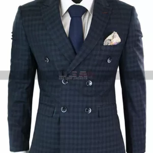Mens Vintage Checkered Style 3 Piece 1920s Plaid Navy Suit