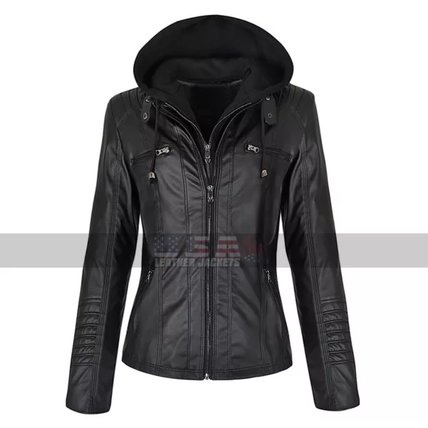 Women's Slim Fit Detachable Zipper Hoodie Leather Jacket 