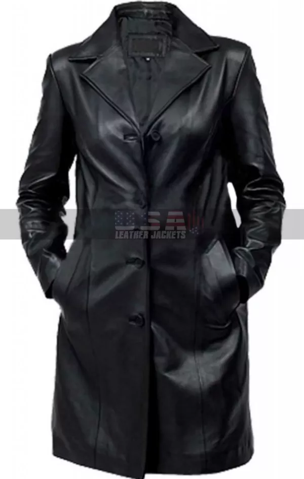 Women's Black Petite Trench Leather Coat