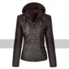 Women's Slim Fit Detachable Zipper Hoodie Leather Jacket 