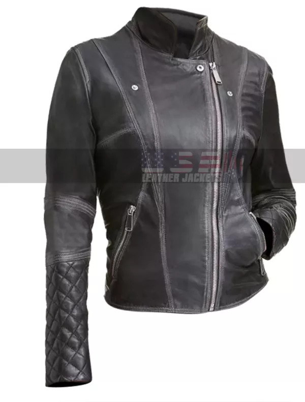 Womens Quilted Design Slim Fit Motorcycle Black Leather Jacket