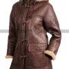 Women B3 Aviator Fur Shearling Mid Length Sheepskin Brown Hooded Leather Duffle Coat